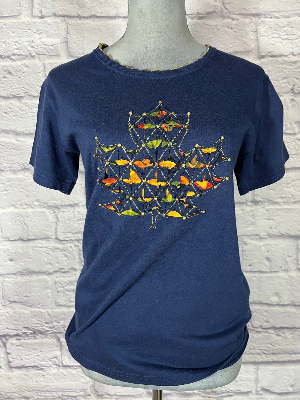 Vintage 90's Grandma Chic T-shirt with Cutout embroidered riveted leaf design